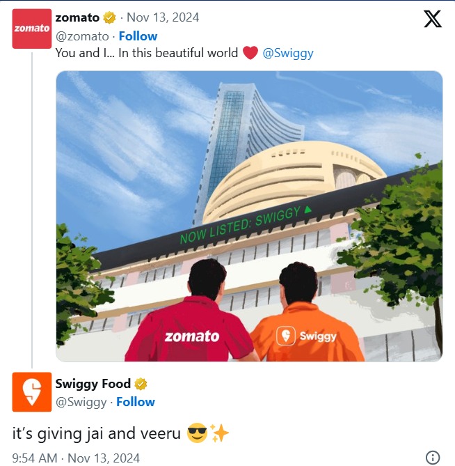 This is How Zomato Displayed Corporate Camaraderie with Competitor Swiggy  After Latter's BSE Listing; Gesture of Goodwill for Competitor wins hearts